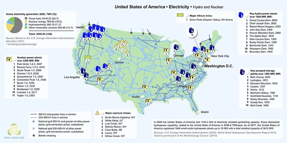 Map of hydro and nuclea power plants in USA