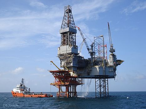 Trinidad and Tobago. Drilling rig at an offshore heavy oil field. 